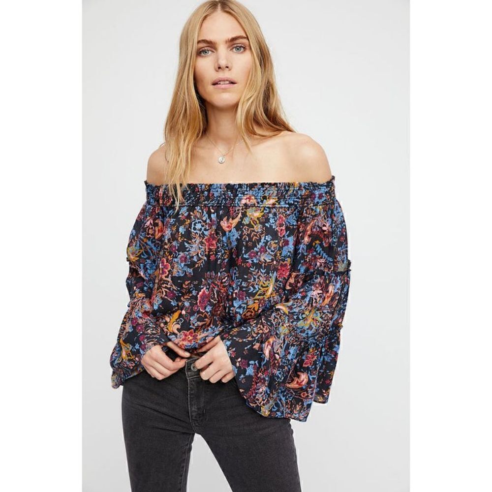 FREE PEOPLE Free Spirit Floral Off Shoulder Top XS Womens Black - Picture 2 of 7